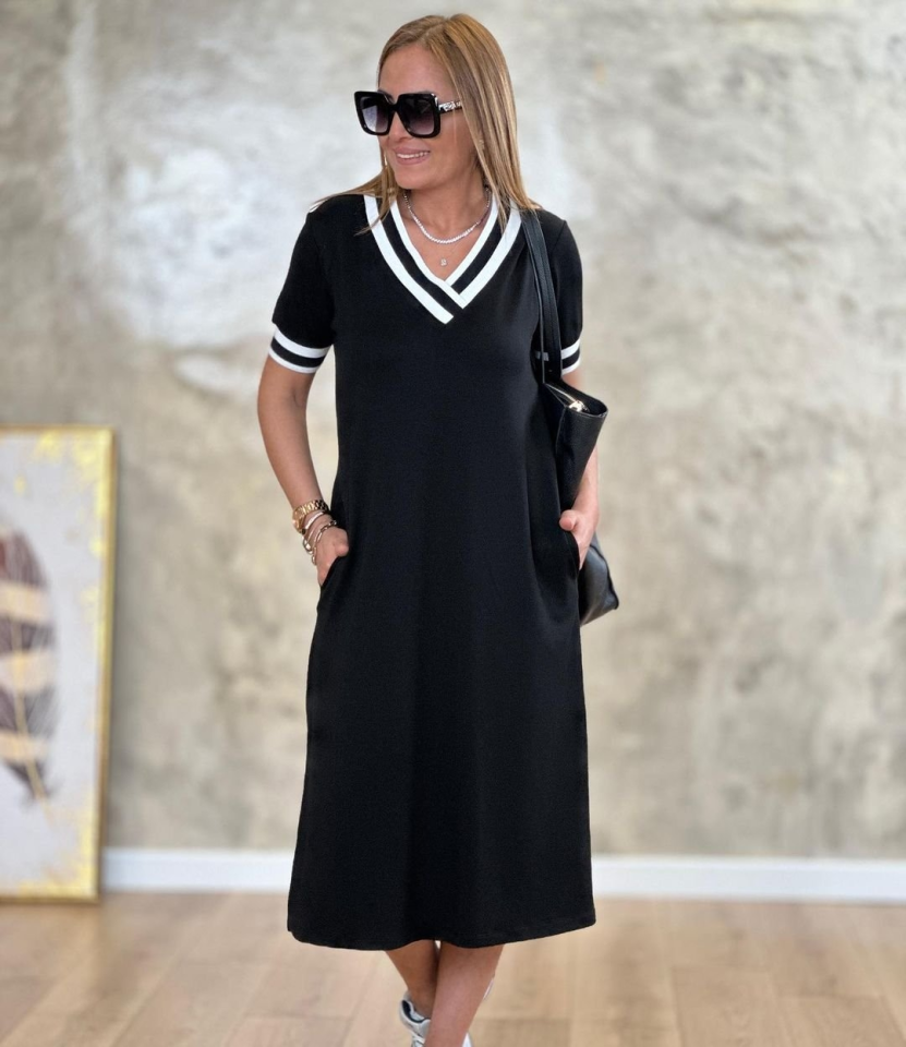Mamo Siyah Mini V Yaka Viskon Elbise - Mamo kadın butik elbise
