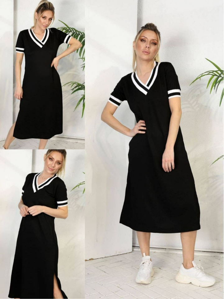 Mamo Siyah Mini V Yaka Viskon Elbise - Mamo kadın butik elbise