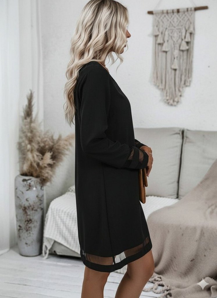 Mamo Siyah Mini Tül Detaylı Elbise - Mamo kadın butik elbise