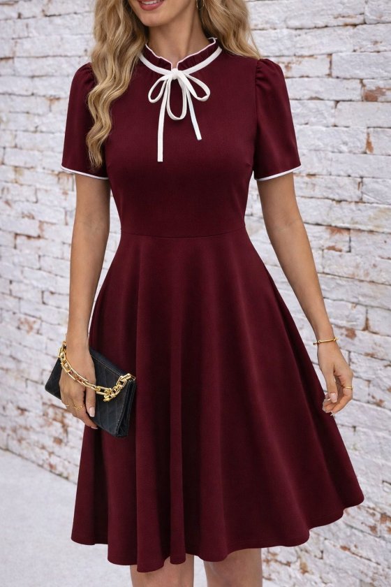 Mamo Bordo Mini Fırfır Detaylı Krep Elbise - Mamo kadın butik elbise