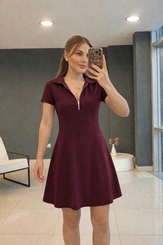 Mamo Bordo Mini Viskon Elbise - Mamo kadın butik elbise