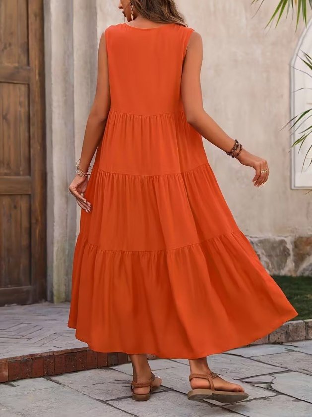 Mamo Turuncu Uzun Askılı V Yaka Elbise - Mamo kadın butik elbise