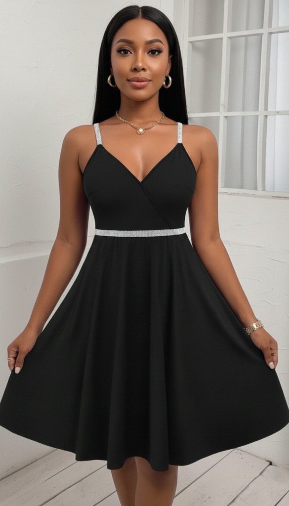 Mamo Siyah Mini V Yaka Krep Elbise - Mamo kadın butik elbise