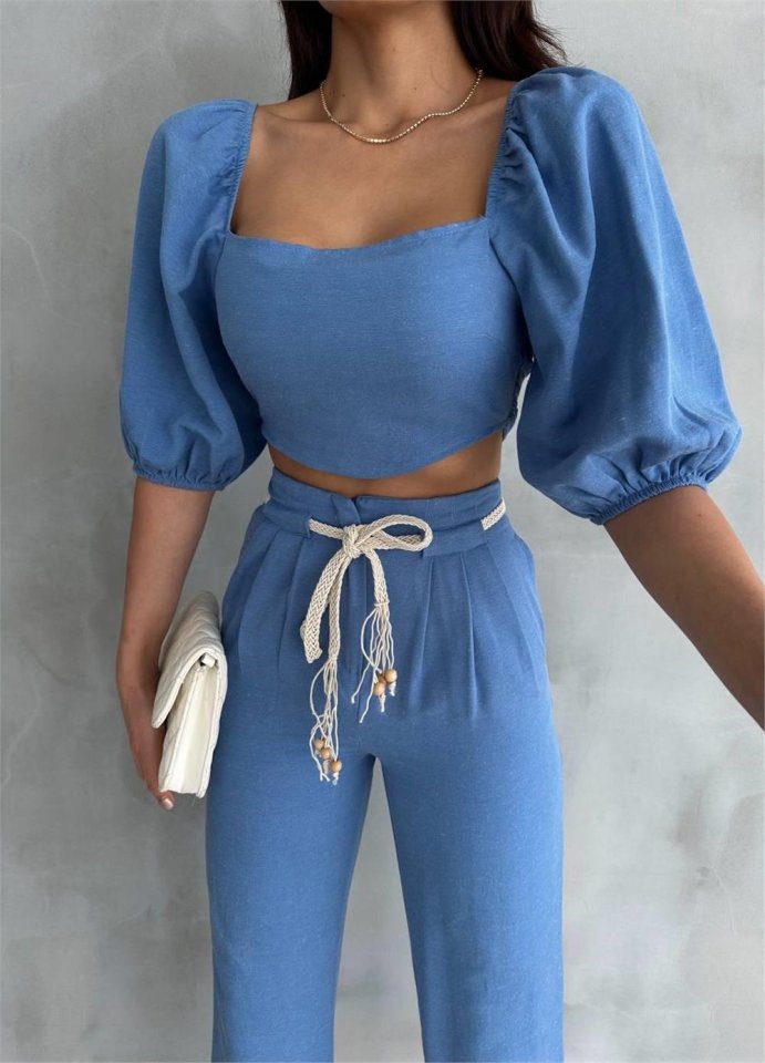 Mamo Mavi Keten Crop Takım - Mamo kadın butik takım