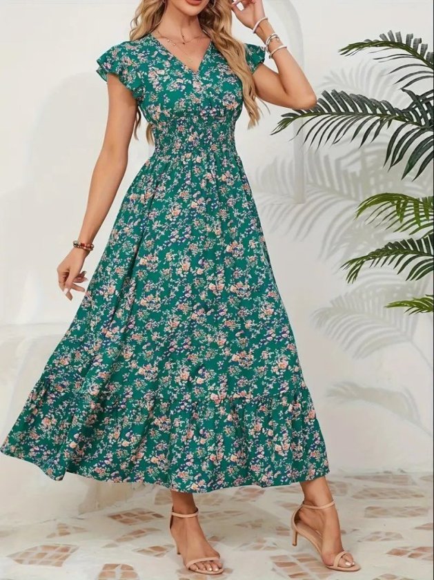 Mamo Yeşil Mini Kruvaze Desenli Elbise - Mamo kadın butik elbise