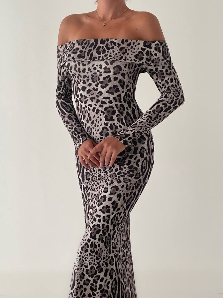 Mamo Leopar Uzun Yırtmaç Detaylı Desenli Elbise - Mamo kadın butik elbise