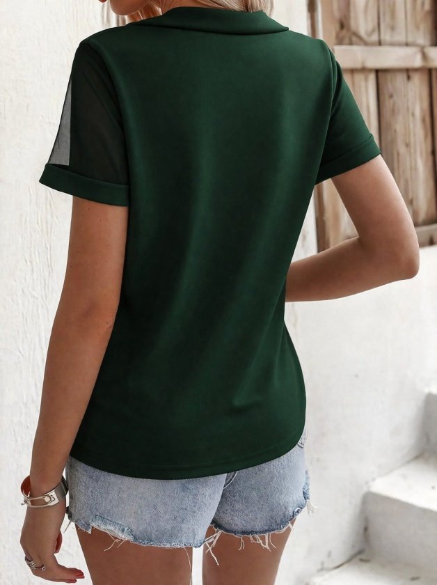 Mamo Yeşil Tül Detaylı Krep Bluz - Mamo kadın butik bluz