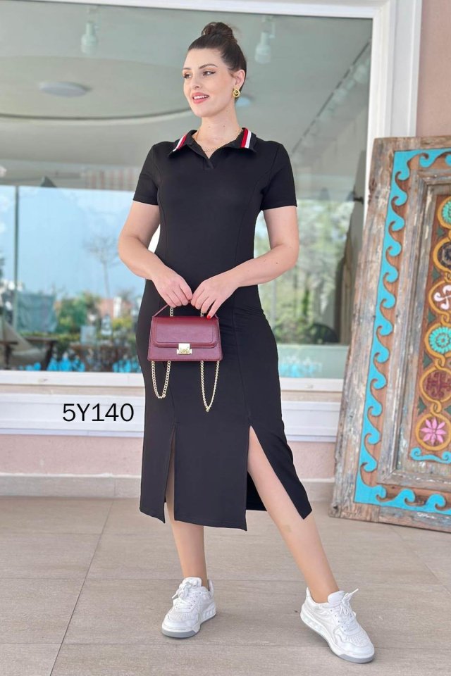 Mamo Siyah Yırtmaç Detaylı Elbise - Mamo kadın butik elbise