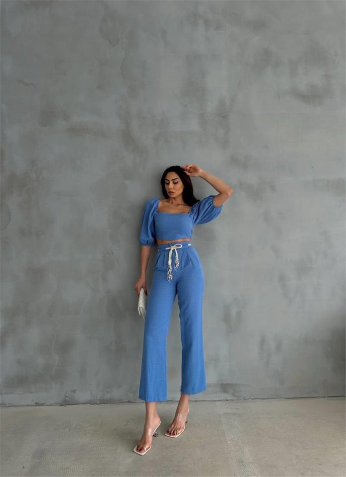 Mamo Mavi Keten Crop Takım - Mamo kadın butik takım
