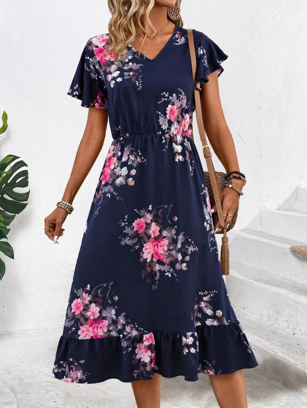Mamo Lacivert Mini V Yaka Desenli Elbise - Mamo kadın butik elbise