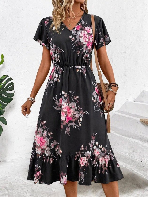 Mamo Siyah Mini V Yaka Desenli Elbise - Mamo kadın butik elbise