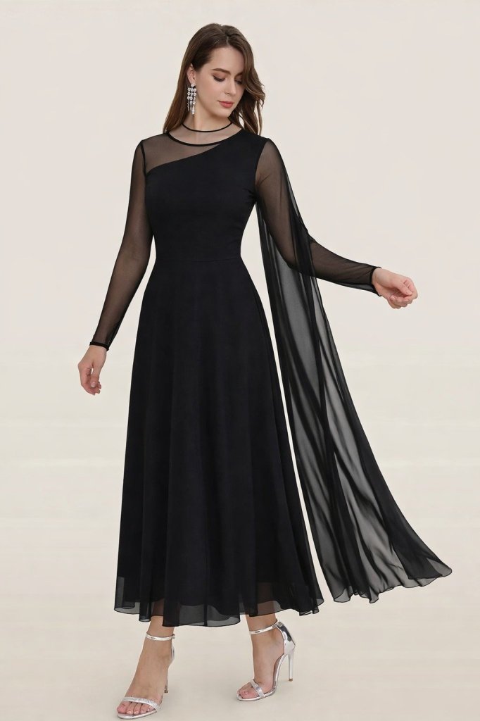 Mamo Siyah Uzun Tül Detaylı Elbise - Mamo kadın butik elbise