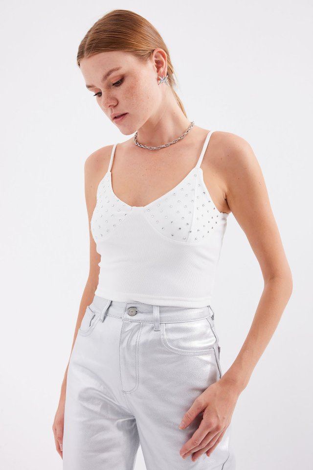 Mamo Beyaz Askılı Crop Üst - Mamo kadın butik üst giyim