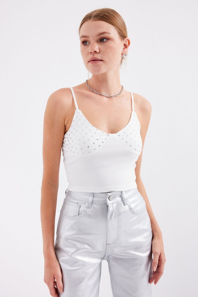 Mamo Beyaz Askılı Crop Üst - Mamo kadın butik üst giyim