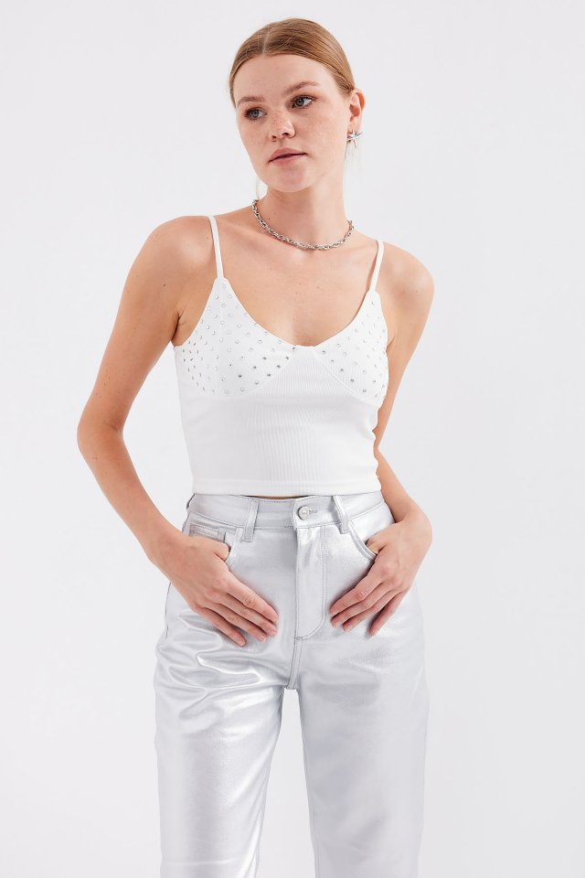 Mamo Beyaz Askılı Crop Üst - Mamo kadın butik üst giyim