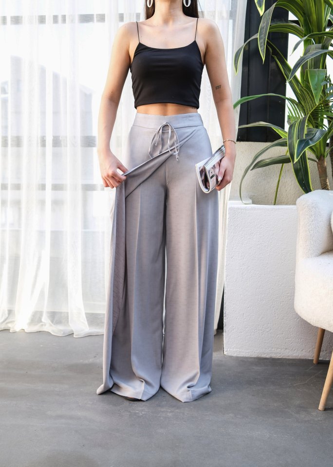 Mamo Gri Keten Rahat Kesim Pantolon - Mamo kadın butik alt giyim