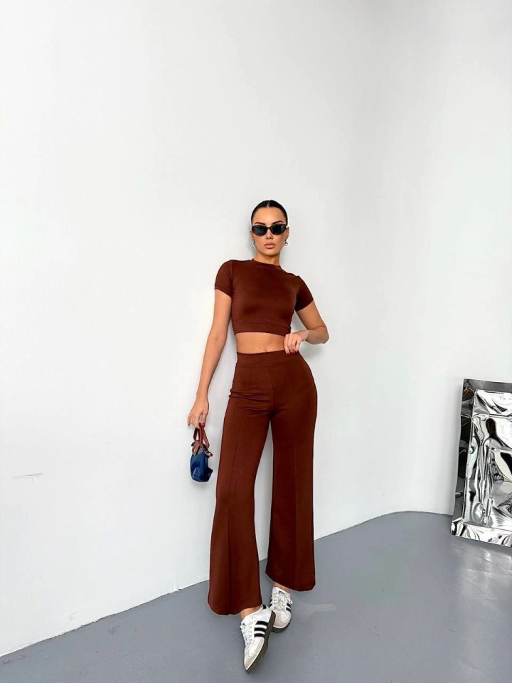 Mamo Kahverengi Crop Takım - Mamo kadın butik takım