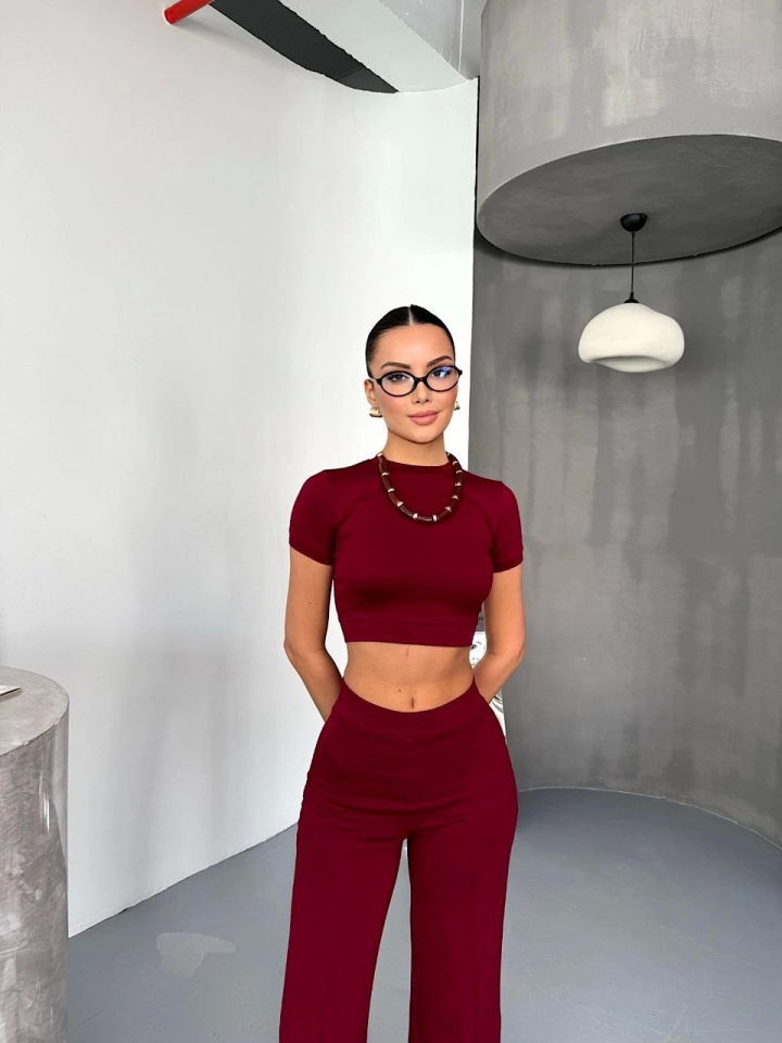 Mamo Bordo Crop Takım - Mamo kadın butik takım