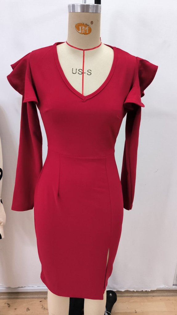 Mamo Kırmızı Midi V Yaka Yırtmaç Detaylı Elbise - Mamo kadın butik elbise
