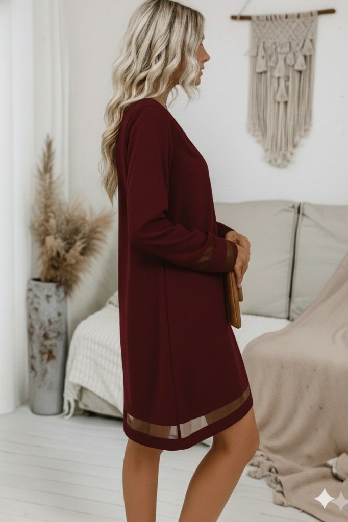 Mamo Bordo Mini V Yaka Krep Elbise - Mamo kadın butik elbise
