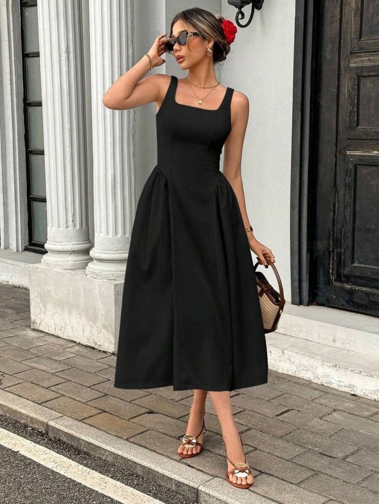 Mamo Siyah Uzun Askılı Kare Yaka Elbise - Mamo kadın butik elbise