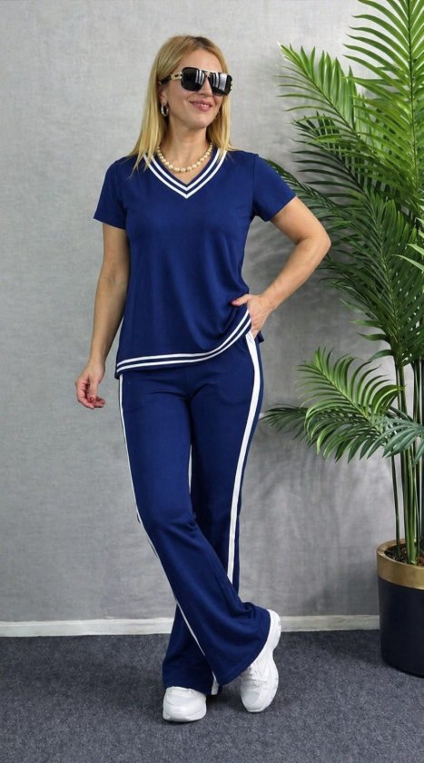 Mamo Saks Mavi V Yaka Viskon Takım - Mamo kadın butik takım