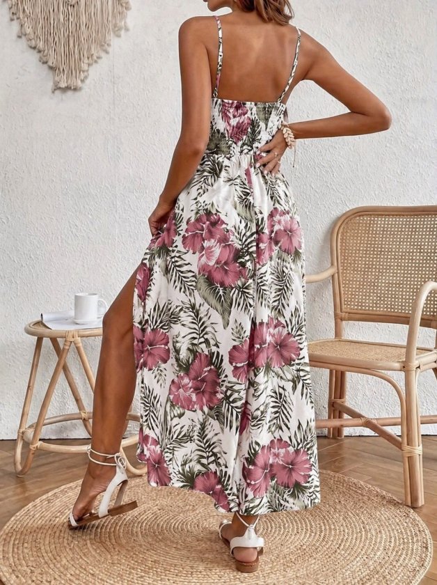 Mamo Desenli Uzun Askılı V Yaka Elbise - Mamo kadın butik elbise