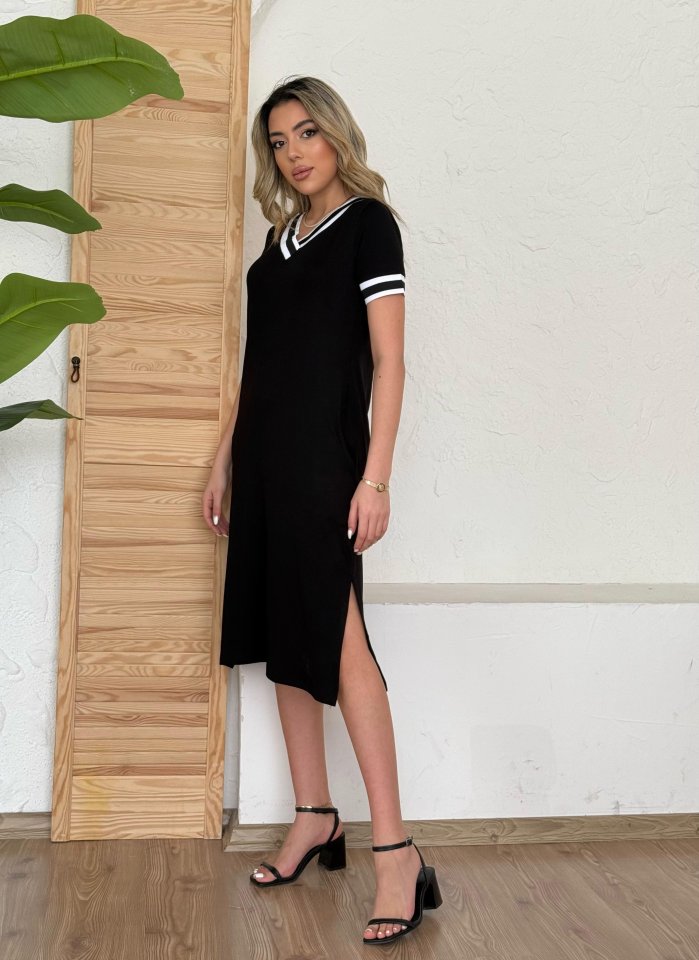 Mamo Siyah Mini V Yaka Viskon Elbise - Mamo kadın butik elbise