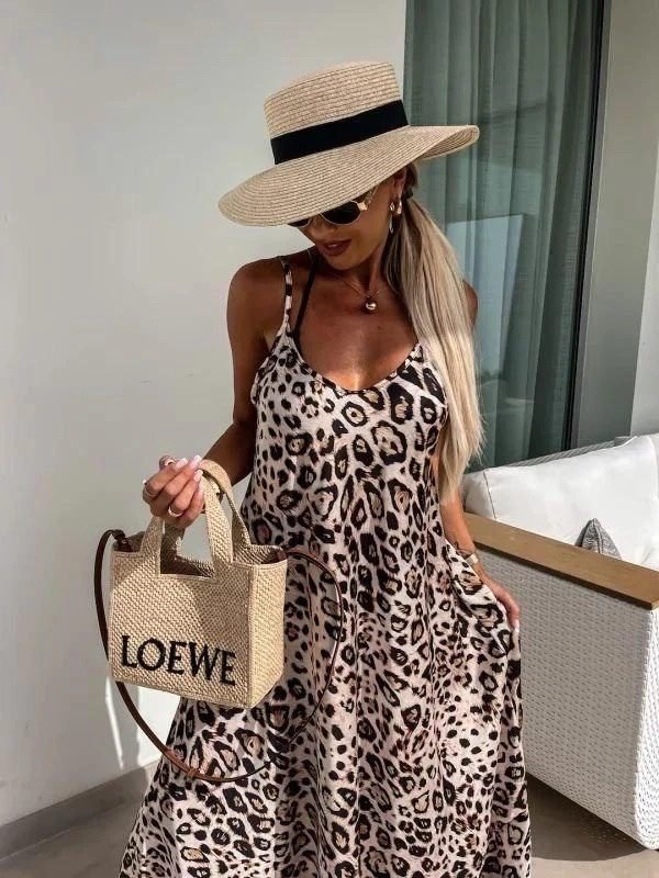 Mamo Leopar Uzun Askılı Sim Detaylı Elbise - Mamo kadın butik elbise