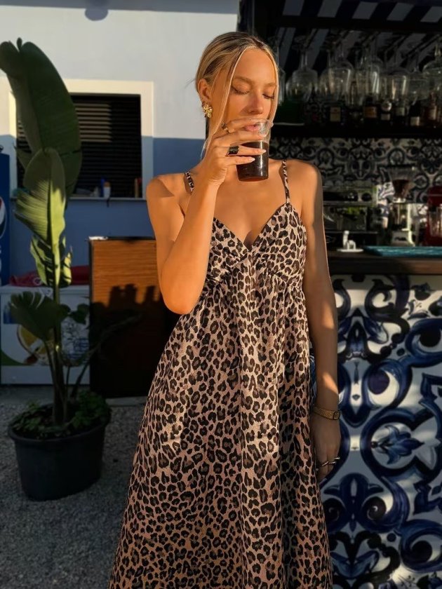 Mamo Leopar Uzun Askılı V Yaka Elbise - Mamo kadın butik elbise