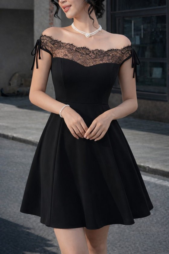Mamo Siyah Mini Madonna Yaka Dantel Detaylı Elbise - Mamo kadın butik elbise