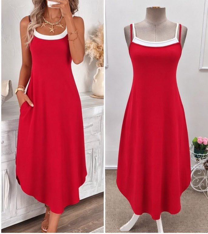 Mamo Kırmızı Uzun Askılı Cepli Elbise - Mamo kadın butik elbise