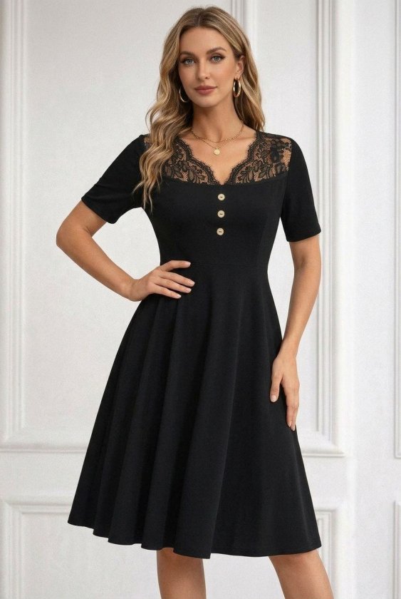 Mamo Siyah Mini V Yaka Dantel Detaylı Elbise - Mamo kadın butik elbise