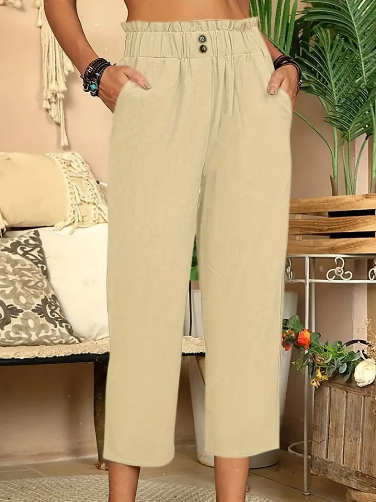 Mamo Bej Keten Rahat Kesim Pantolon - Mamo kadın butik alt giyim