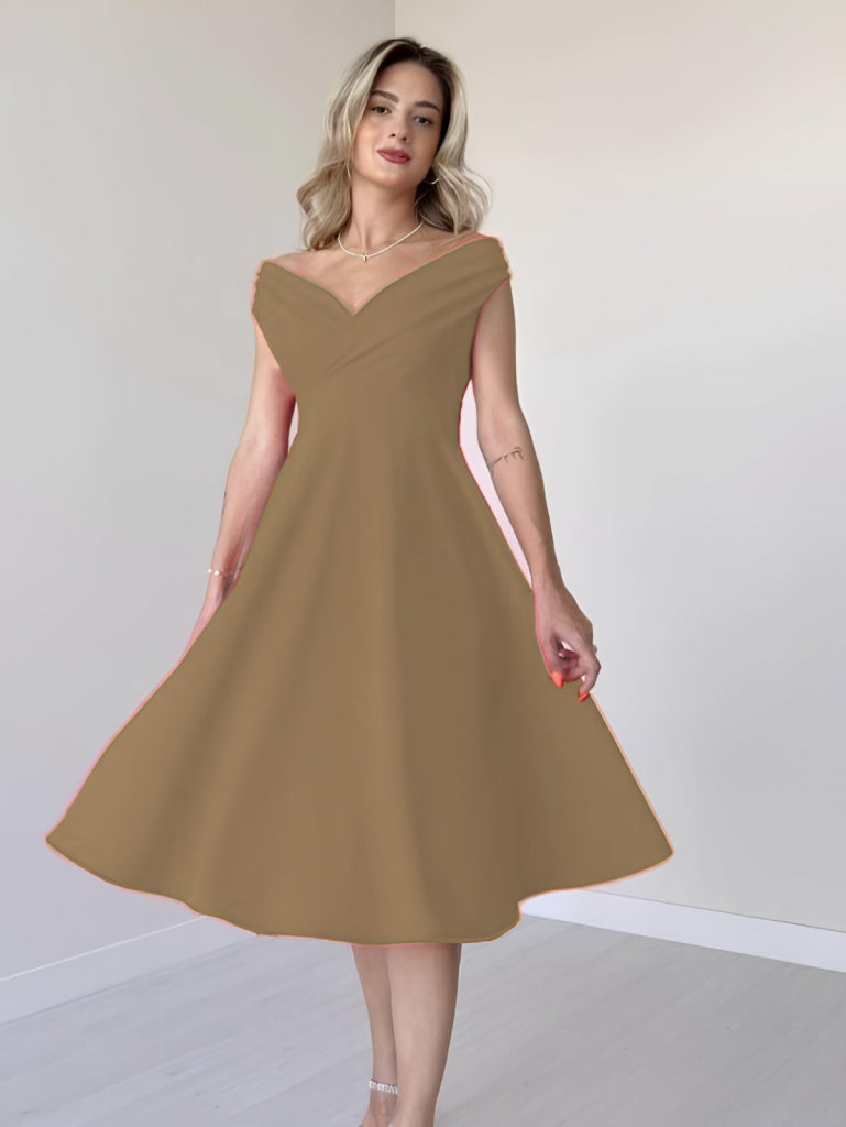 Mamo Sütlü Kahve Mini Kruvaze Krep Elbise - Mamo kadın butik elbise