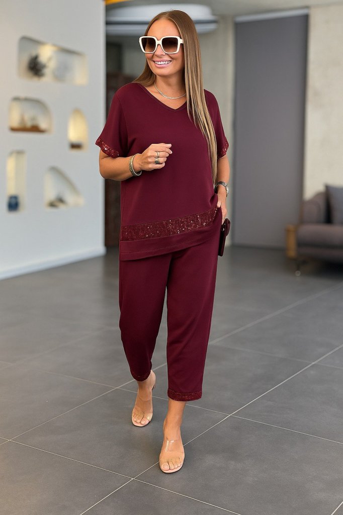 Mamo Bordo V Yaka Payet Detaylı Viskon Takım - Mamo kadın butik takım