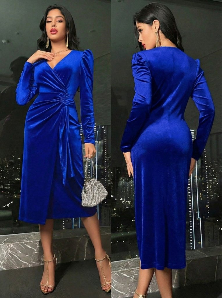 Mamo Saks Mavi Midi Kruvaze Elbise - Mamo kadın butik elbise