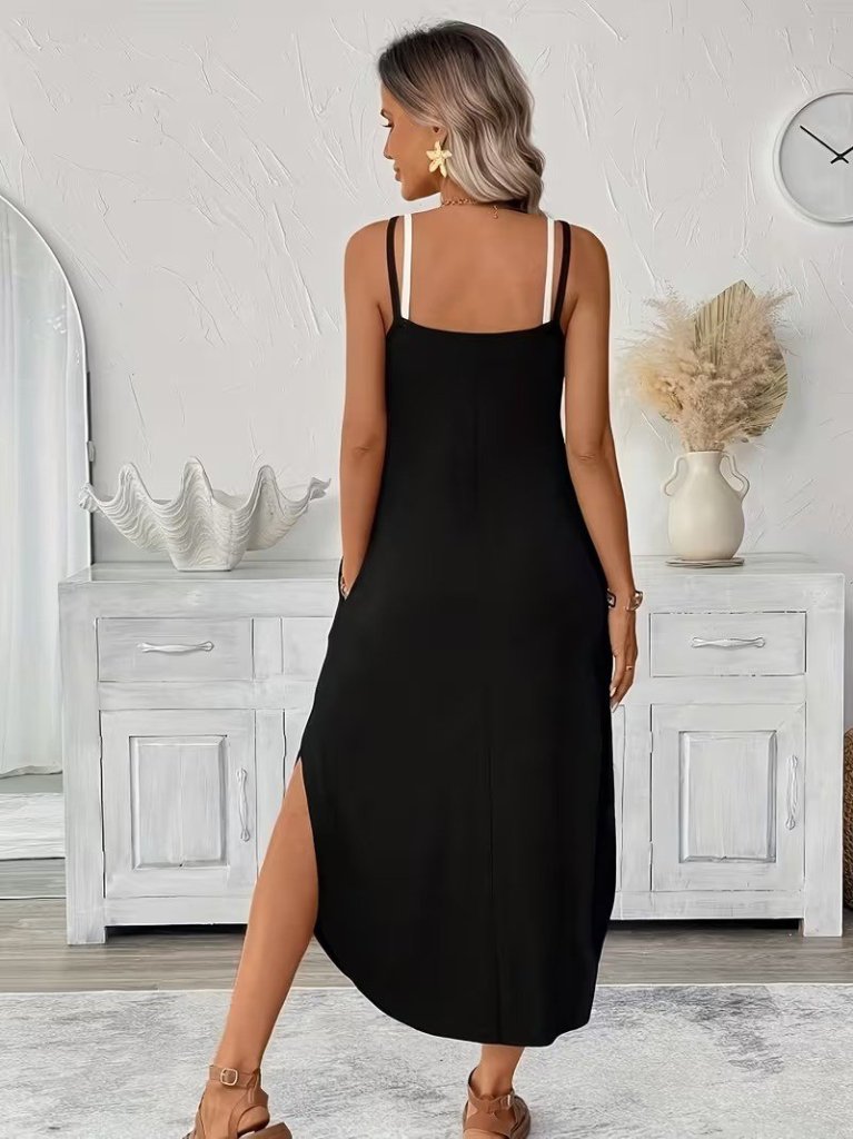 Mamo Siyah Uzun Askılı Cepli Elbise - Mamo kadın butik elbise