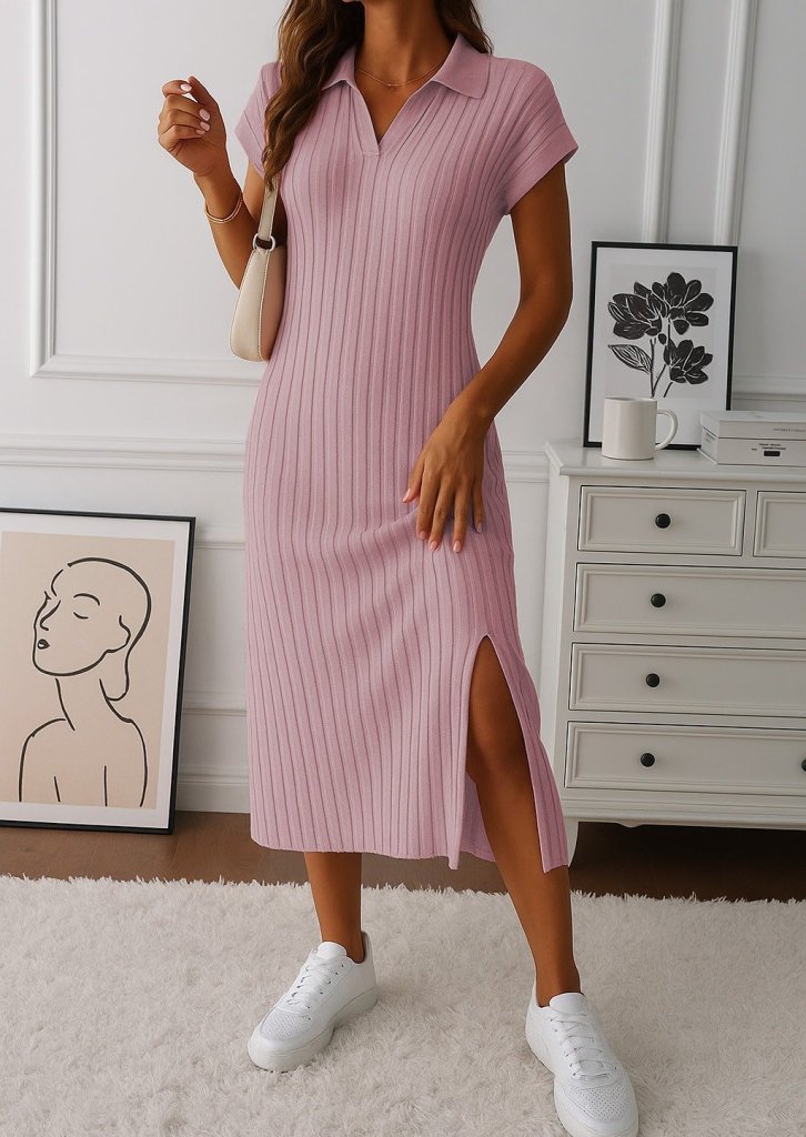 Mamo Pembe Yırtmaç Detaylı Kaşkorse Elbise - Mamo kadın butik elbise