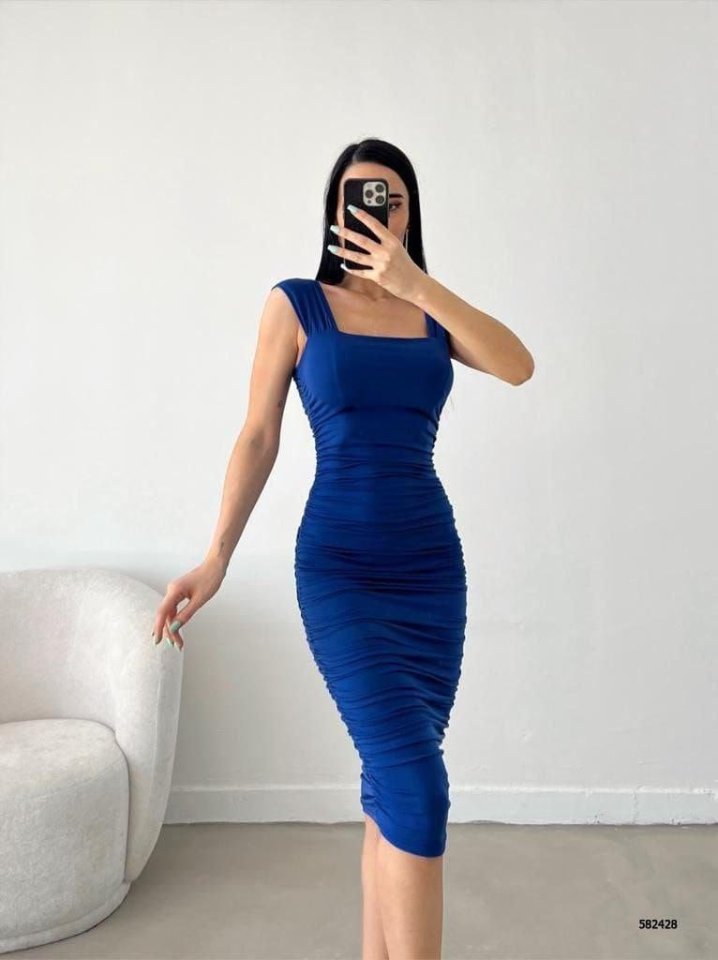 Mamo Saks Midi Askılı Elbise - Mamo kadın butik elbise