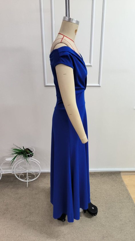Mamo Mavi Uzun Kruvaze Krep Elbise - Mamo kadın butik elbise