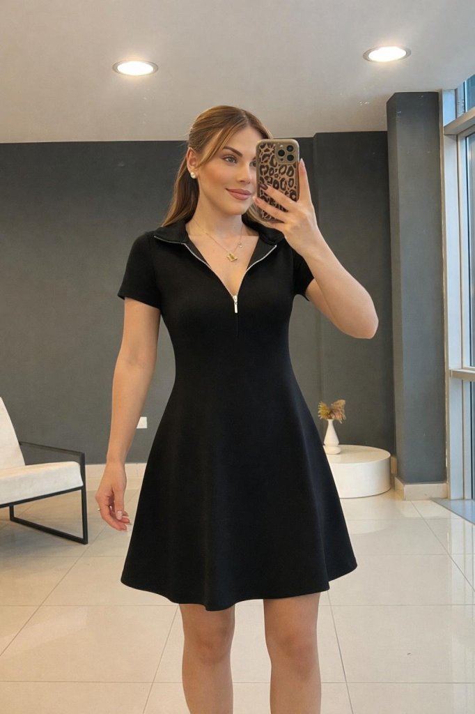 Mamo Siyah Mini Viskon Elbise - Mamo kadın butik elbise
