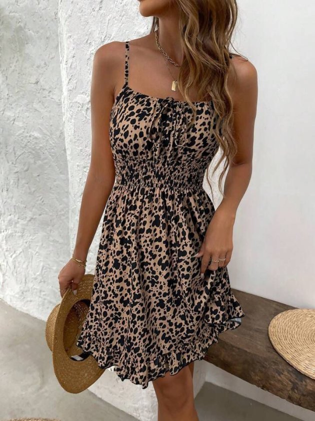 Mamo Leopar Mini Askılı Desenli Elbise - Mamo kadın butik elbise