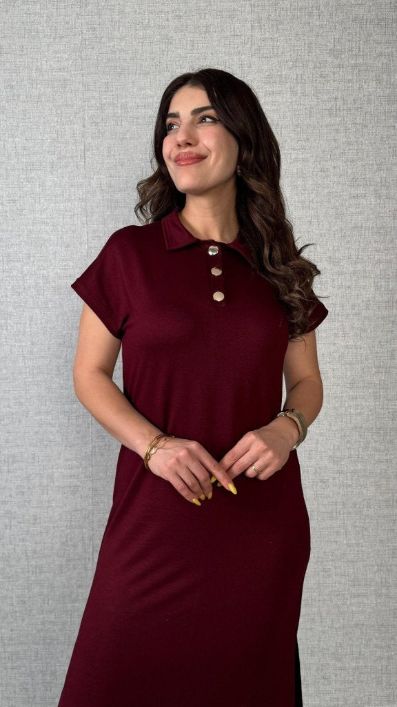 Mamo Bordo Yırtmaç Detaylı Viskon Elbise - Mamo kadın butik elbise