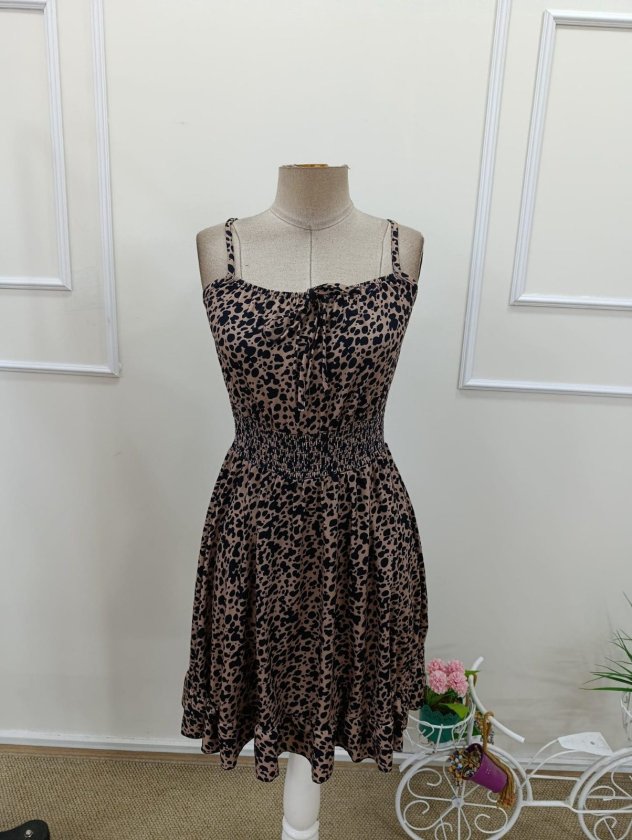 Mamo Leopar Mini Askılı Elbise - Mamo kadın butik elbise