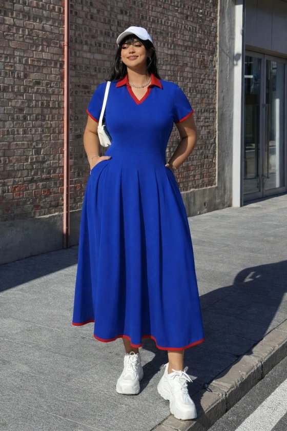 Mamo Mavi Mini V Yaka Krep Elbise - Mamo kadın butik elbise