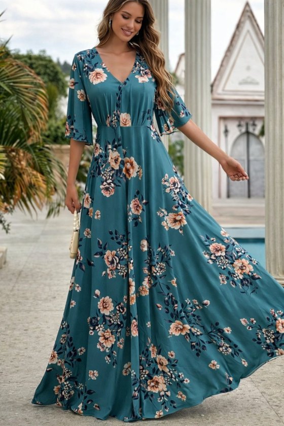 Mamo Yeşil Mini V Yaka Desenli Elbise - Mamo kadın butik elbise