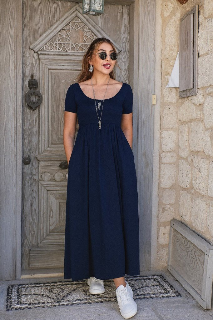 Mamo Lacivert Mini Yırtmaç Detaylı Cepli Elbise - Mamo kadın butik elbise