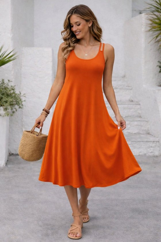 Mamo Turuncu Uzun Askılı Viskon Elbise - Mamo kadın butik elbise
