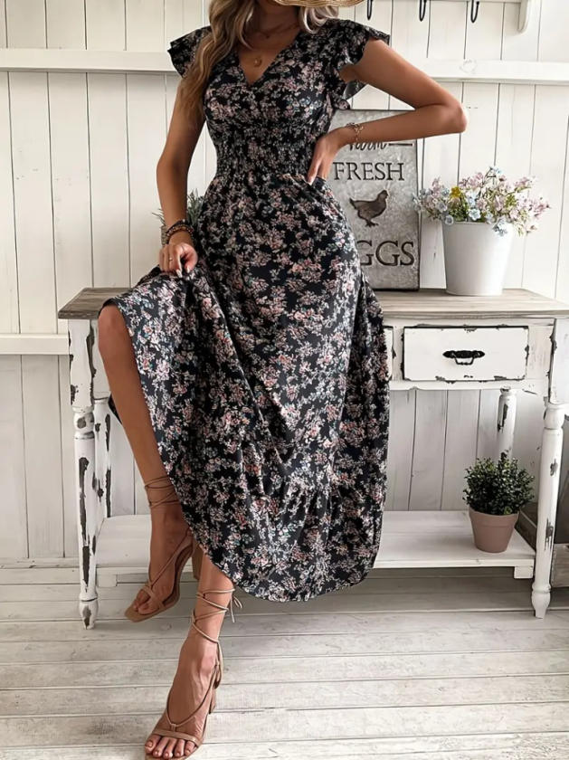 Mamo Siyah Mini Kruvaze Desenli Elbise - Mamo kadın butik elbise